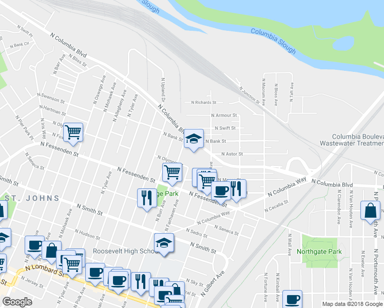 map of restaurants, bars, coffee shops, grocery stores, and more near 10000 North Burr Avenue in Portland