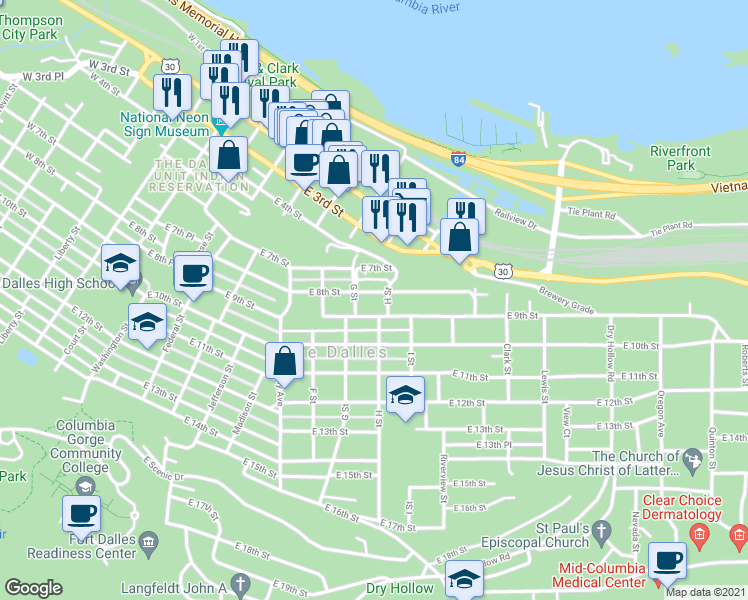 map of restaurants, bars, coffee shops, grocery stores, and more near 1010 East 9th Street in The Dalles