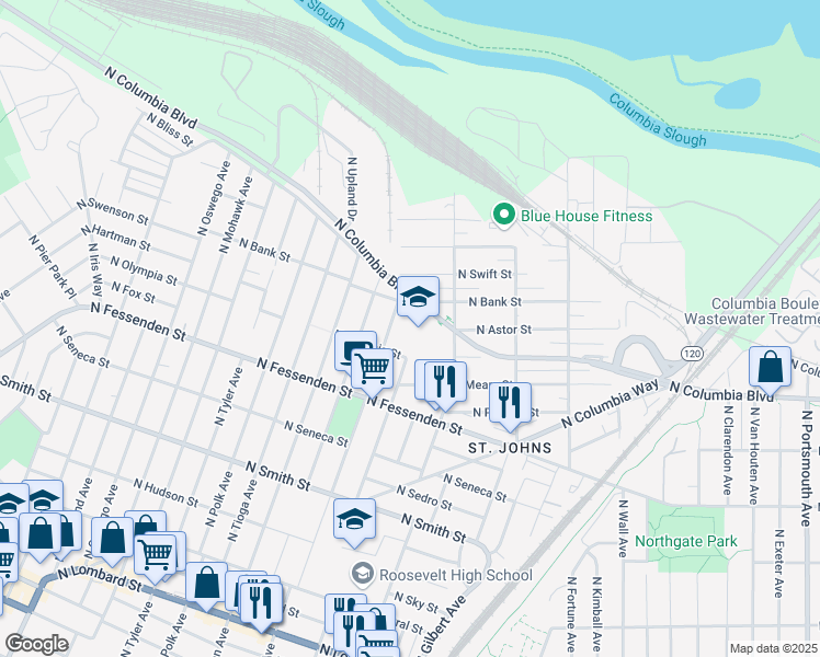 map of restaurants, bars, coffee shops, grocery stores, and more near 10000 North Burr Avenue in Portland
