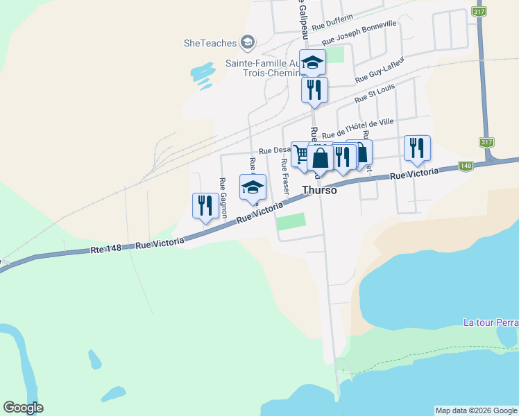 map of restaurants, bars, coffee shops, grocery stores, and more near 367 Rue Victoria in Thurso
