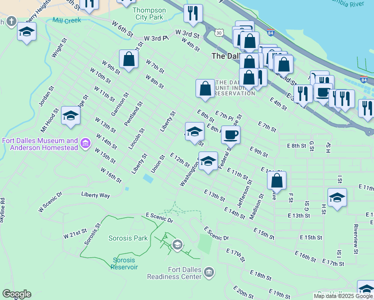 map of restaurants, bars, coffee shops, grocery stores, and more near 220 East 10th Street in The Dalles