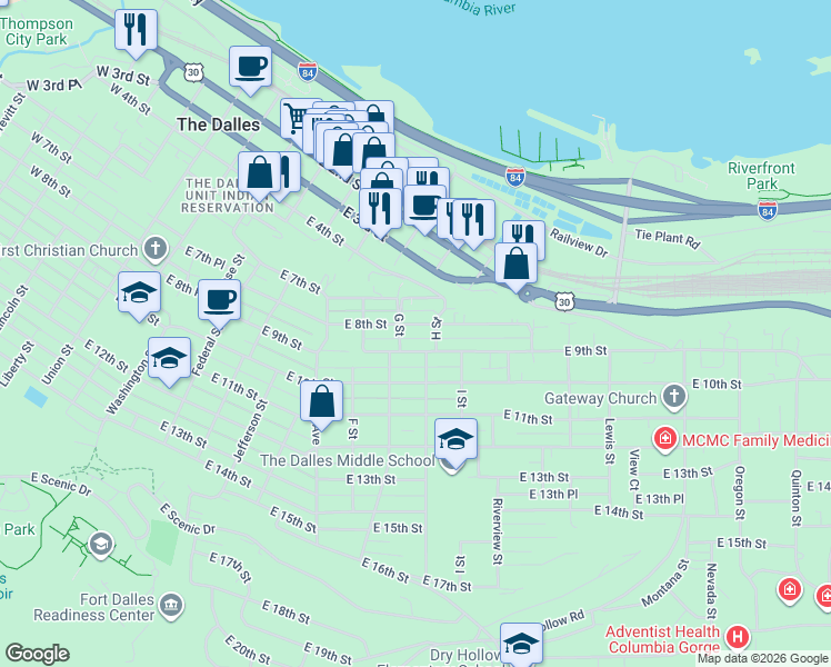 map of restaurants, bars, coffee shops, grocery stores, and more near 1010 East 9th Street in The Dalles