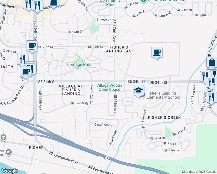 map of restaurants, bars, coffee shops, grocery stores, and more near 17407 Southeast 34th Street in Vancouver