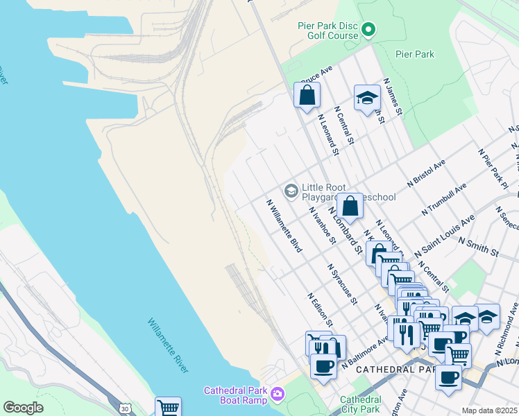 map of restaurants, bars, coffee shops, grocery stores, and more near 9725 North Edison Street in Portland