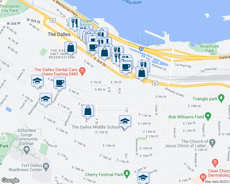 map of restaurants, bars, coffee shops, grocery stores, and more near 1010 East 8th Street in The Dalles