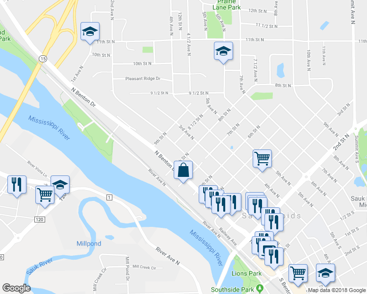 map of restaurants, bars, coffee shops, grocery stores, and more near 810 2nd Avenue North in Sauk Rapids