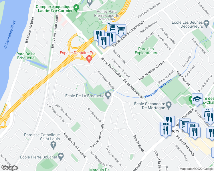 map of restaurants, bars, coffee shops, grocery stores, and more near 1106 Rue Hélène-Boullé in Boucherville