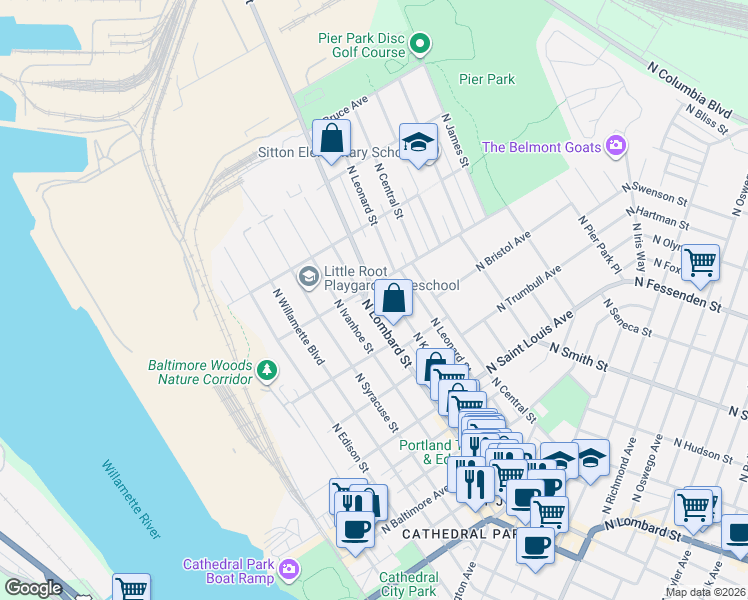 map of restaurants, bars, coffee shops, grocery stores, and more near 9621 North Lombard Street in Portland
