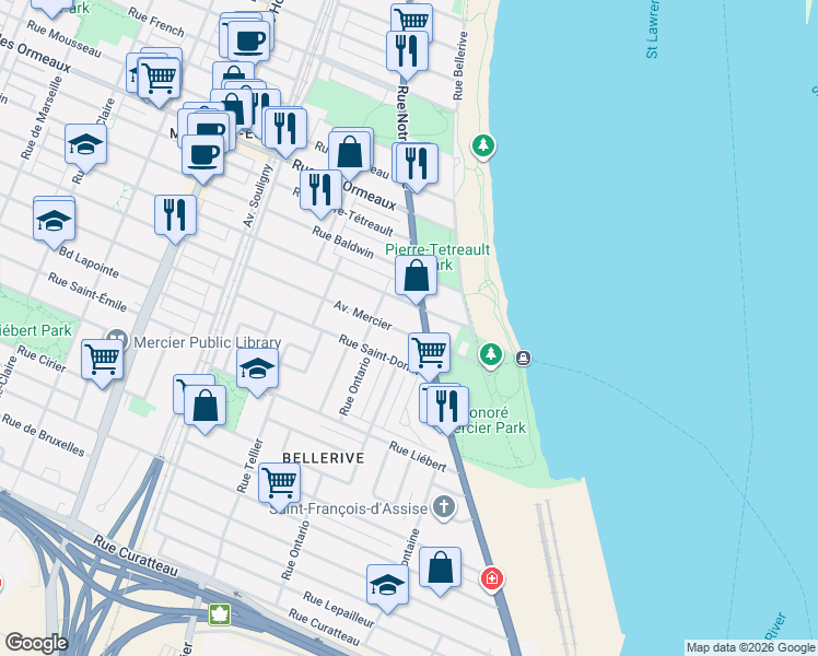 map of restaurants, bars, coffee shops, grocery stores, and more near 545 Avenue Mercier in Montréal
