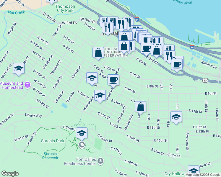 map of restaurants, bars, coffee shops, grocery stores, and more near 321 East 10th Street in The Dalles