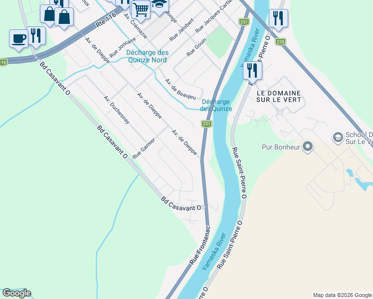 map of restaurants, bars, coffee shops, grocery stores, and more near 165 Avenue de Dieppe in Saint-Hyacinthe