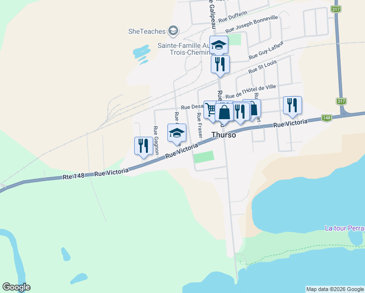 map of restaurants, bars, coffee shops, grocery stores, and more near 367 Rue Victoria in Thurso