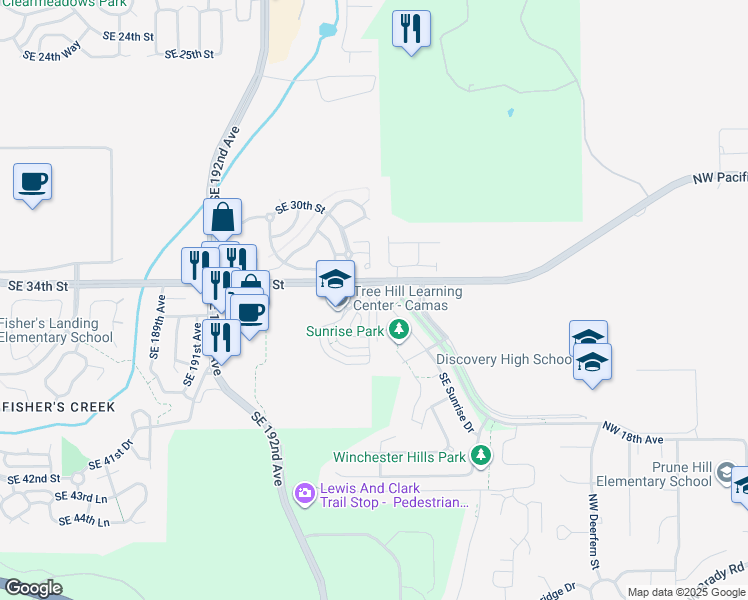 map of restaurants, bars, coffee shops, grocery stores, and more near 19808 Southeast 36th Street in Camas