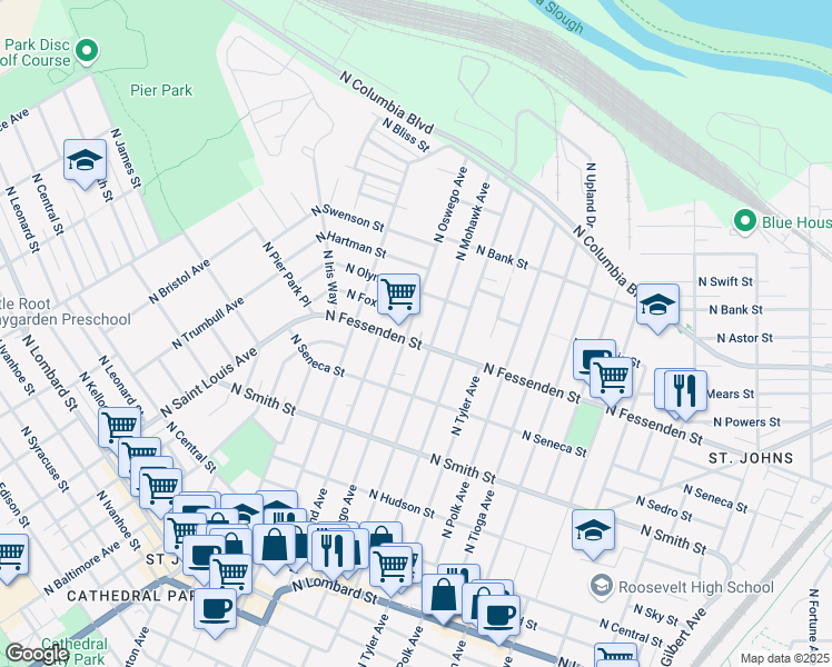 map of restaurants, bars, coffee shops, grocery stores, and more near 7928-7936 North Fessenden Street in Portland