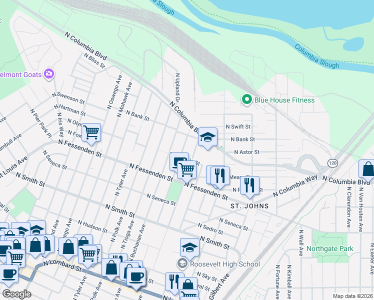 map of restaurants, bars, coffee shops, grocery stores, and more near 9852 North Burr Avenue in Portland