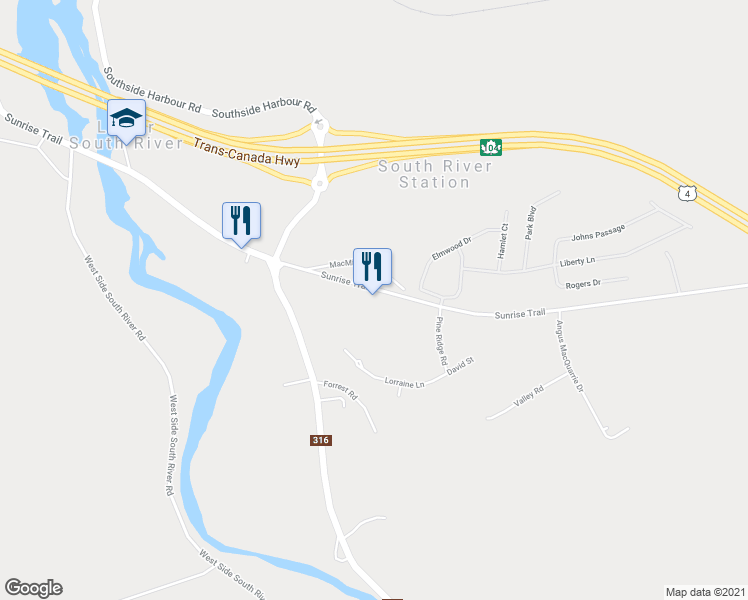 map of restaurants, bars, coffee shops, grocery stores, and more near Sunrise Trail in Antigonish