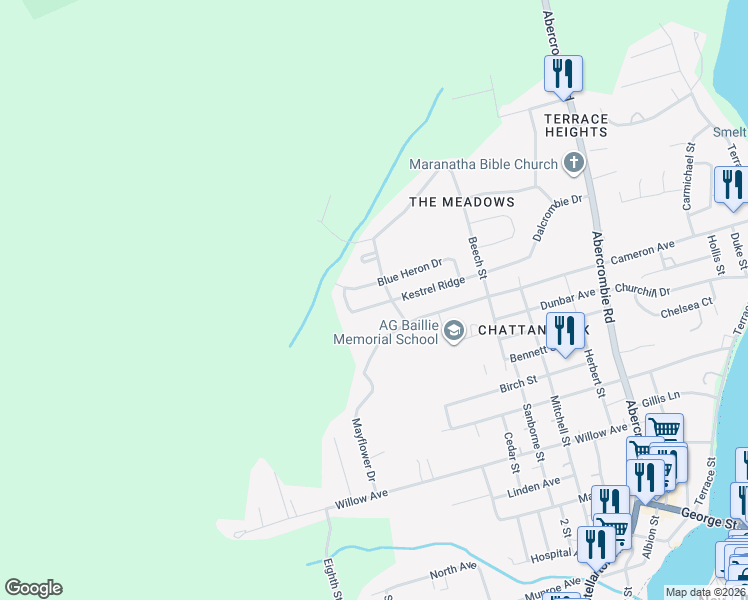 map of restaurants, bars, coffee shops, grocery stores, and more near 43 Kestrel Ridge in New Glasgow