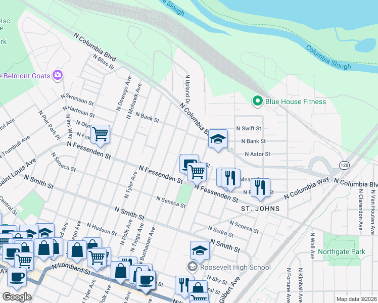 map of restaurants, bars, coffee shops, grocery stores, and more near 9571 North Calhoun Avenue in Portland