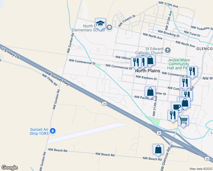 map of restaurants, bars, coffee shops, grocery stores, and more near 32025 Northwest Meadow Drive in North Plains