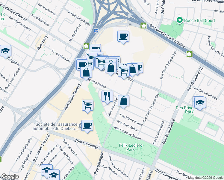 map of restaurants, bars, coffee shops, grocery stores, and more near 7461 Avenue des Halles in Montreal