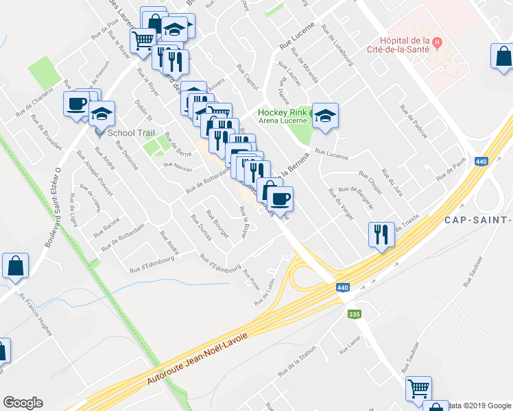 map of restaurants, bars, coffee shops, grocery stores, and more near 1688 Boulevard des Laurentides in Laval