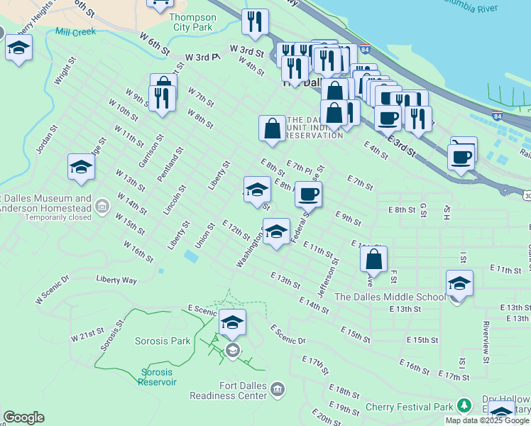 map of restaurants, bars, coffee shops, grocery stores, and more near 220 East 10th Street in The Dalles