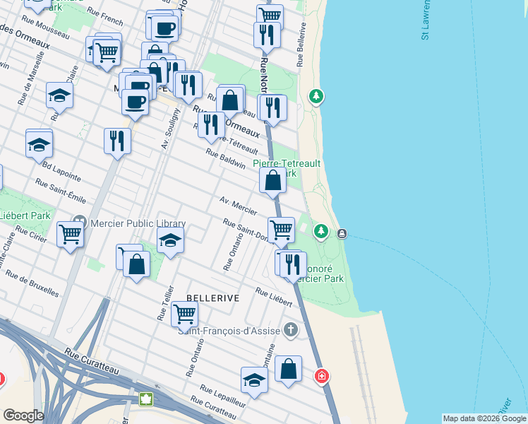 map of restaurants, bars, coffee shops, grocery stores, and more near 561 Avenue Mercier in Montréal