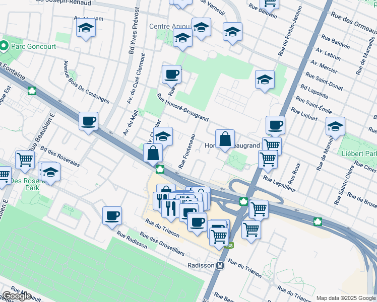 map of restaurants, bars, coffee shops, grocery stores, and more near 7740 Rue Fonteneau in Montreal