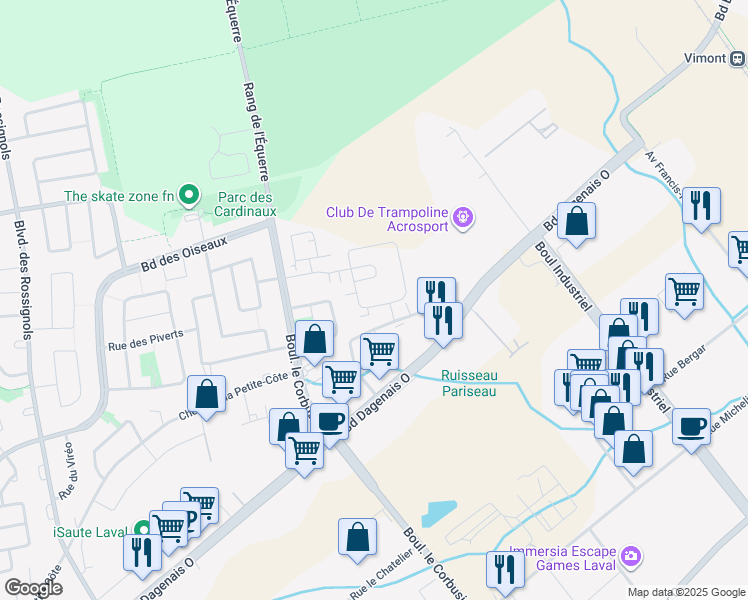 map of restaurants, bars, coffee shops, grocery stores, and more near 1213 Rue du Grand-Pic in Laval