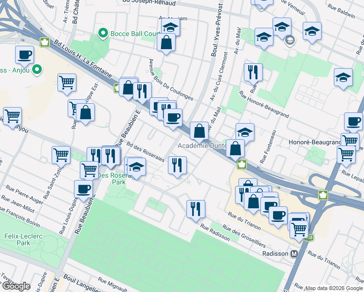 map of restaurants, bars, coffee shops, grocery stores, and more near 6291 Avenue de Chemillé in Montréal
