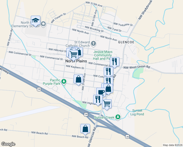map of restaurants, bars, coffee shops, grocery stores, and more near 31169 Northwest Cottage Street in North Plains