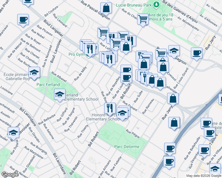 map of restaurants, bars, coffee shops, grocery stores, and more near 6272 Rue de Noyelles in Montréal