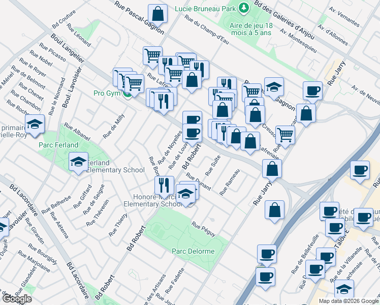 map of restaurants, bars, coffee shops, grocery stores, and more near 6343 Boulevard Robert in Montréal