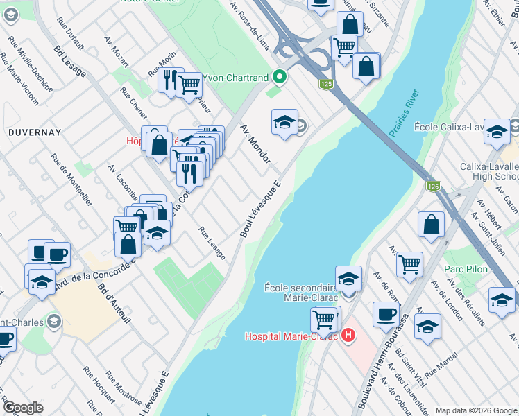 map of restaurants, bars, coffee shops, grocery stores, and more near 3788 Boulevard Lévesque Est in Laval