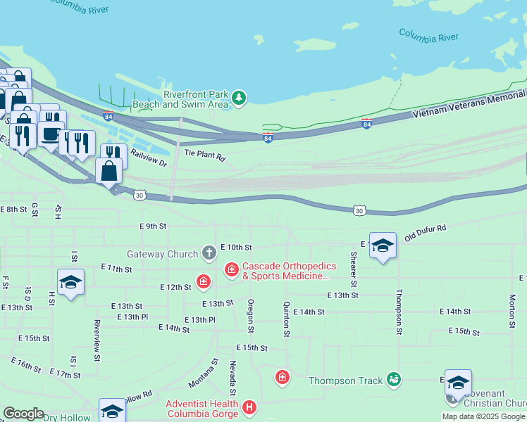 map of restaurants, bars, coffee shops, grocery stores, and more near 1819 Cliff Street in The Dalles
