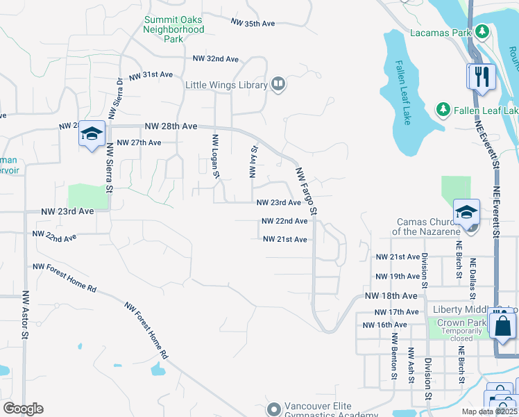 map of restaurants, bars, coffee shops, grocery stores, and more near 914 Northwest 24th Avenue in Camas