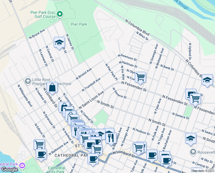 map of restaurants, bars, coffee shops, grocery stores, and more near 9156 North Pier Park Place in Portland