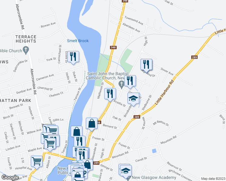 map of restaurants, bars, coffee shops, grocery stores, and more near 366 North Provost Street in New Glasgow
