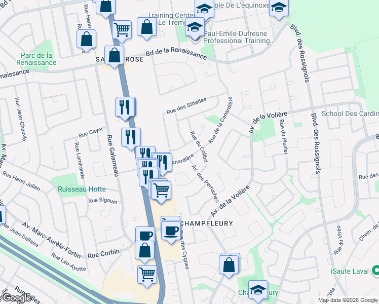 map of restaurants, bars, coffee shops, grocery stores, and more near 2705 Rue de la Canardière in Laval