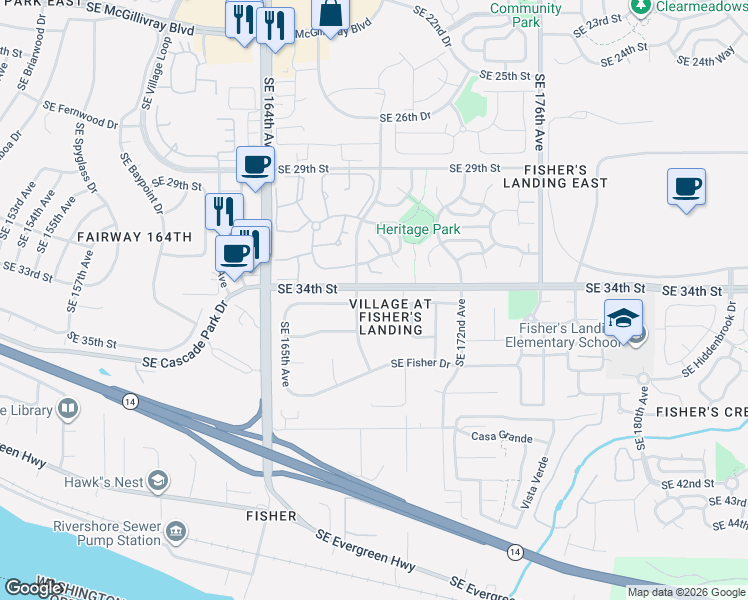 map of restaurants, bars, coffee shops, grocery stores, and more near 16810 Southeast 34th Way in Vancouver