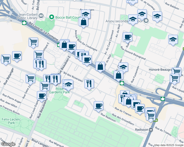 map of restaurants, bars, coffee shops, grocery stores, and more near 6291 Avenue de Chemillé in Montréal