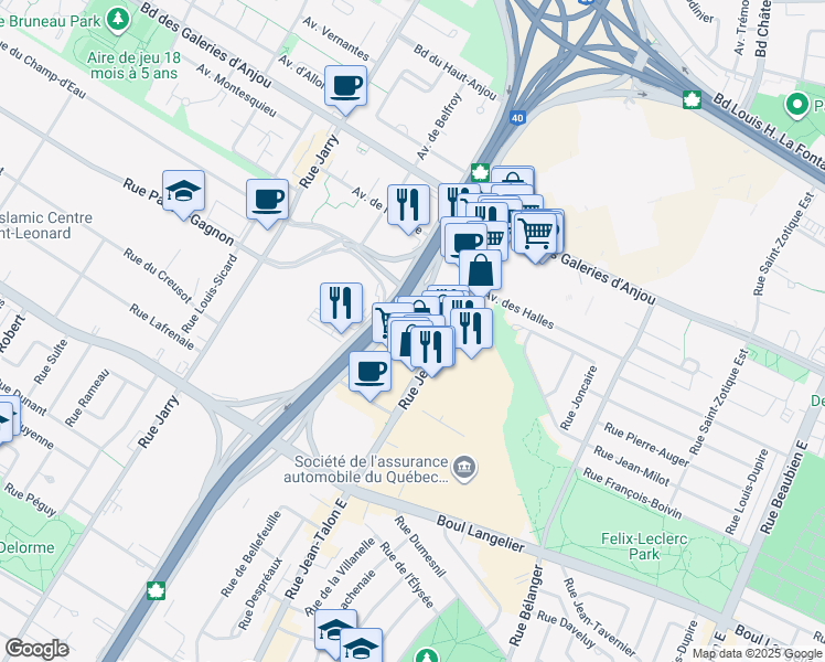 map of restaurants, bars, coffee shops, grocery stores, and more near 6875 Rue Jean-Talon Est in Montréal