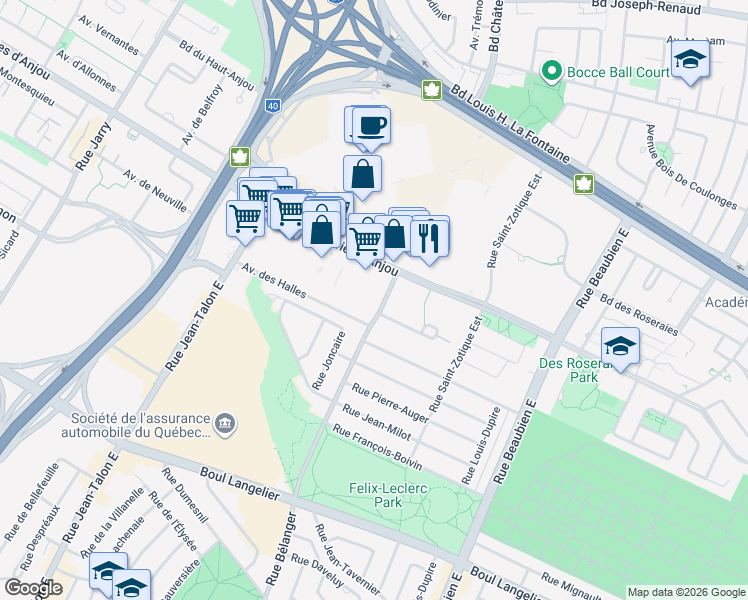 map of restaurants, bars, coffee shops, grocery stores, and more near 7131 Rue Bélanger in Montréal