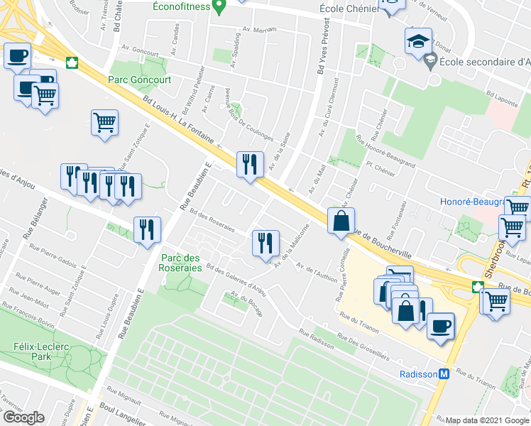 map of restaurants, bars, coffee shops, grocery stores, and more near 6291 Avenue de Chemillé in Montreal