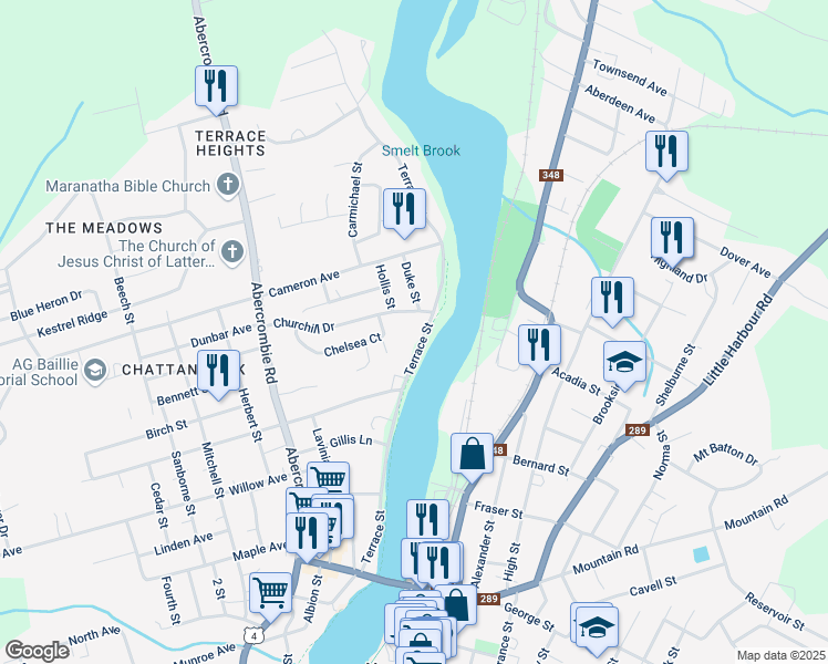 map of restaurants, bars, coffee shops, grocery stores, and more near 322 Terrace Street in New Glasgow