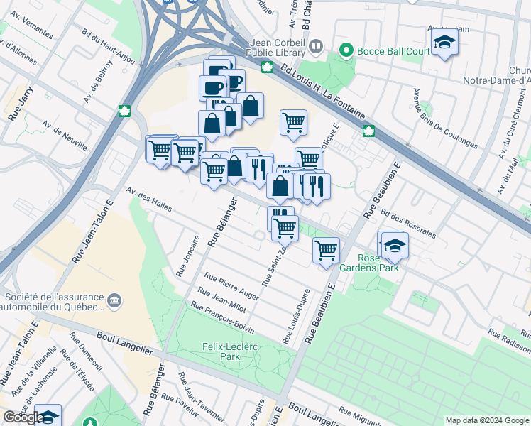 map of restaurants, bars, coffee shops, grocery stores, and more near 7250 Boulevard des Galeries d'Anjou in Montréal