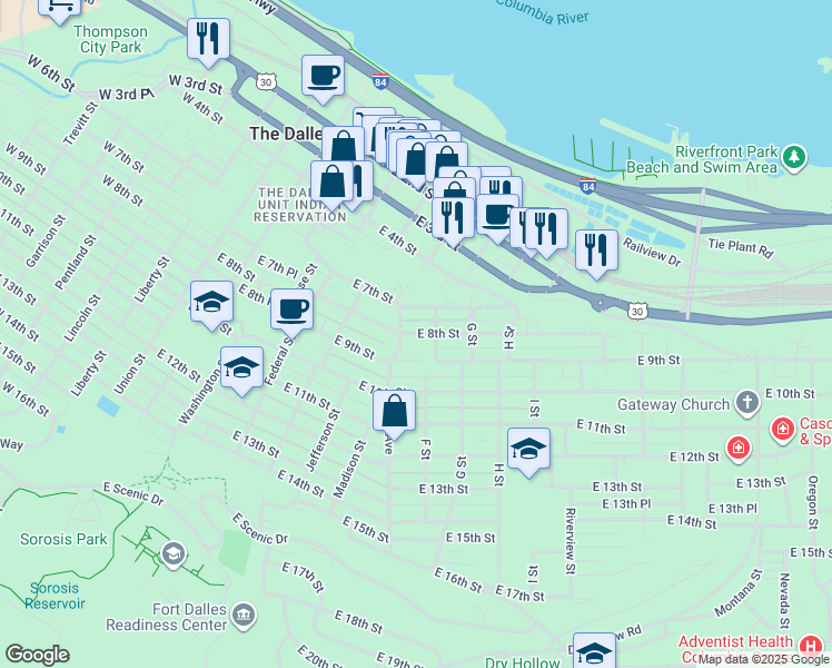 map of restaurants, bars, coffee shops, grocery stores, and more near East 8th Street in The Dalles