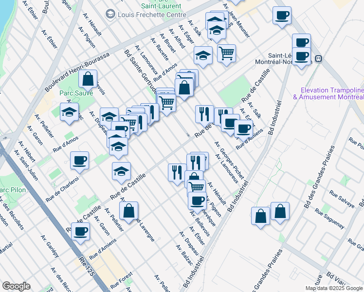 map of restaurants, bars, coffee shops, grocery stores, and more near Rue de Castille in Montréal