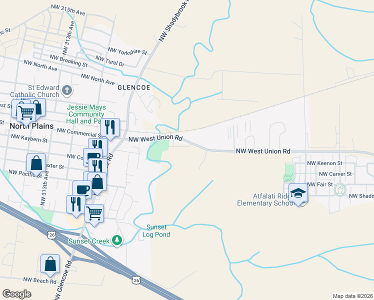 map of restaurants, bars, coffee shops, grocery stores, and more near 10610 Northwest 303rd Place in North Plains