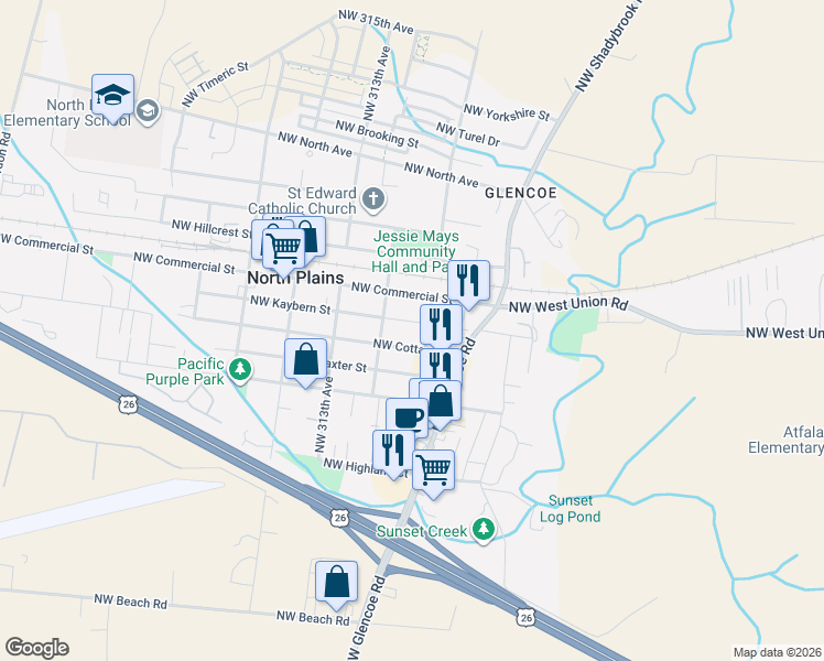 map of restaurants, bars, coffee shops, grocery stores, and more near 31020 Northwest Kaybern Street in North Plains